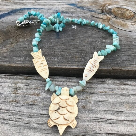 Southwestern Amazonite Gemstone Necklace Handmade Fish Pendant Silver Turtle - Picture 4 of 9